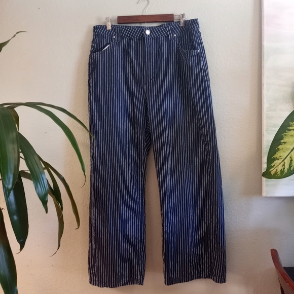Cotton On Super Baggy Jean In Dark Blue White Classic Bohemian Artsy Pinstripe - Picture 2 of 13